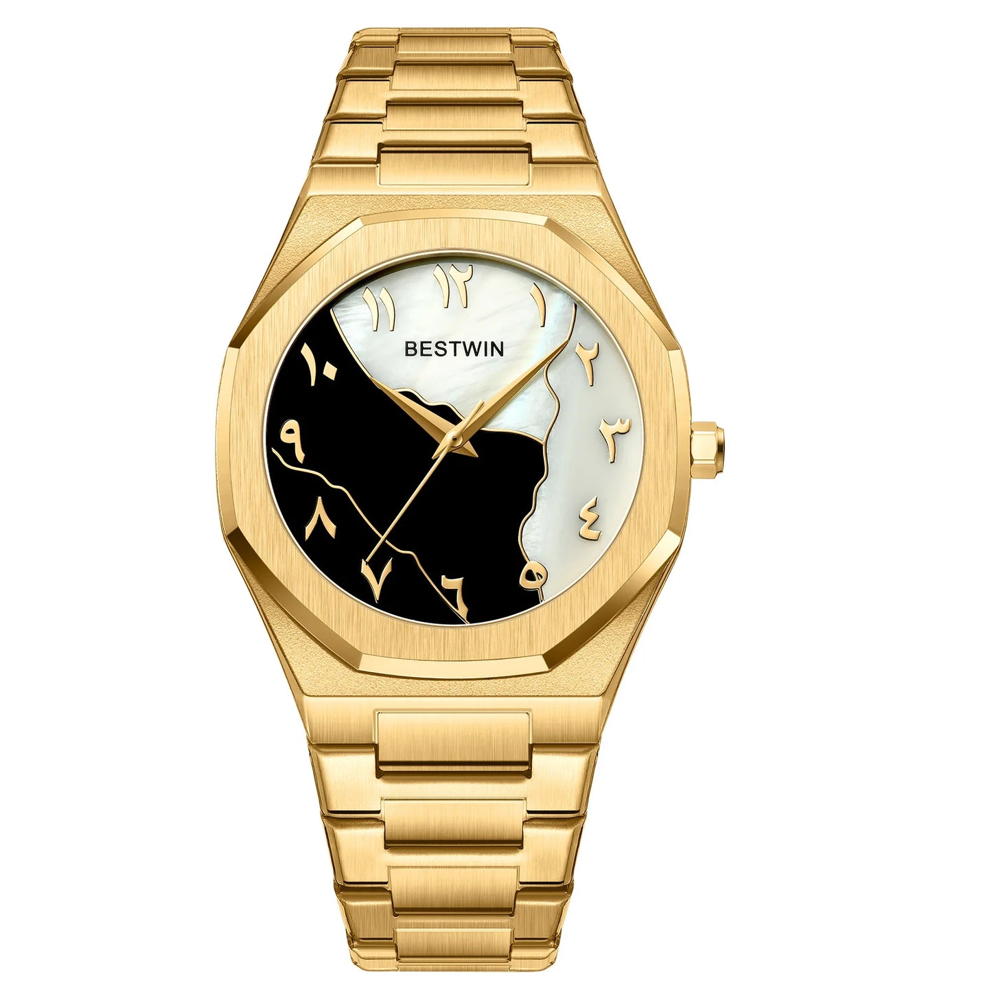 BESTWIN Men's Fashion Watch: Creative Dial, Gold-Plated Casing, Business-Oriented.