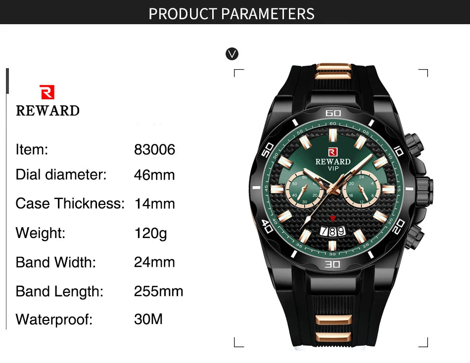 REWARD 83006 Fashion Large Dial Watch Men's Top Brand Luxury Chronograph Calendar Silicone Sports Quartz Watches for Man Reloj