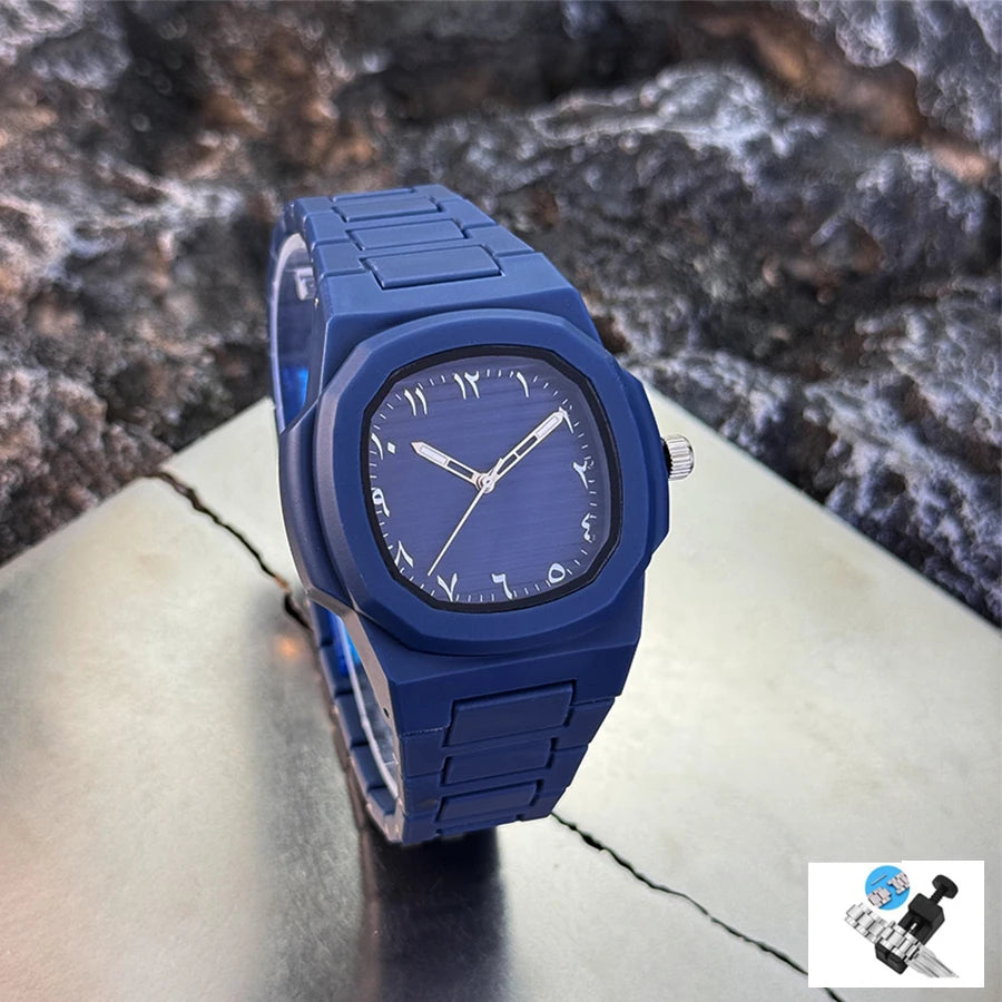 Men's Classic Quartz Watch Smooth Plastic Particle Bracelet Arabic Numerals Dial Business Casual Style Removal Tool Included