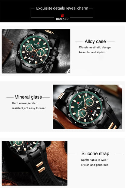 REWARD 83006 Fashion Large Dial Watch Men's Top Brand Luxury Chronograph Calendar Silicone Sports Quartz Watches for Man Reloj