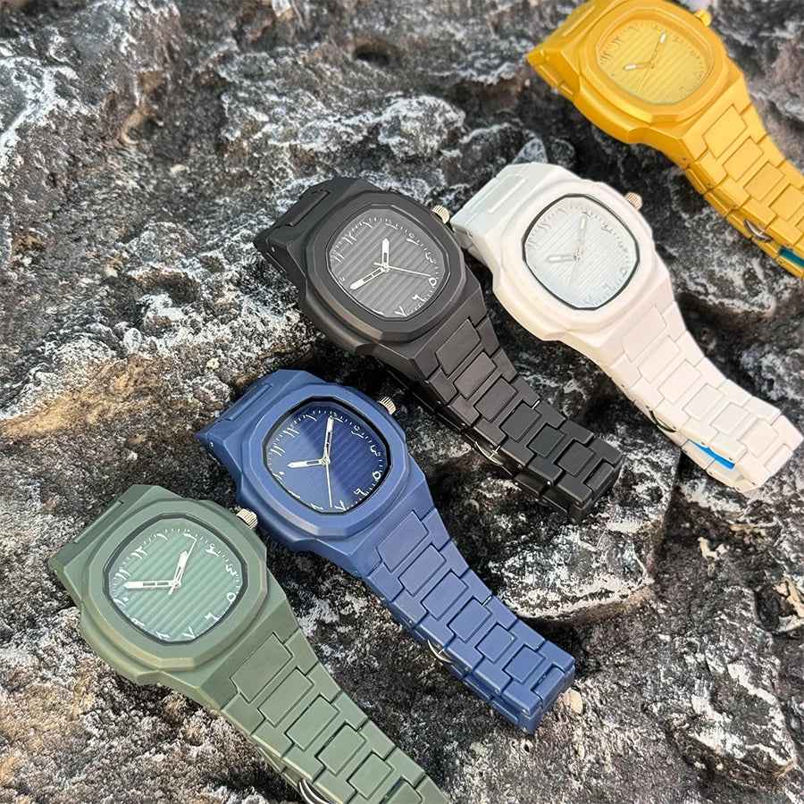 Men's Classic Quartz Watch Smooth Plastic Particle Bracelet Arabic Numerals Dial Business Casual Style Removal Tool Included