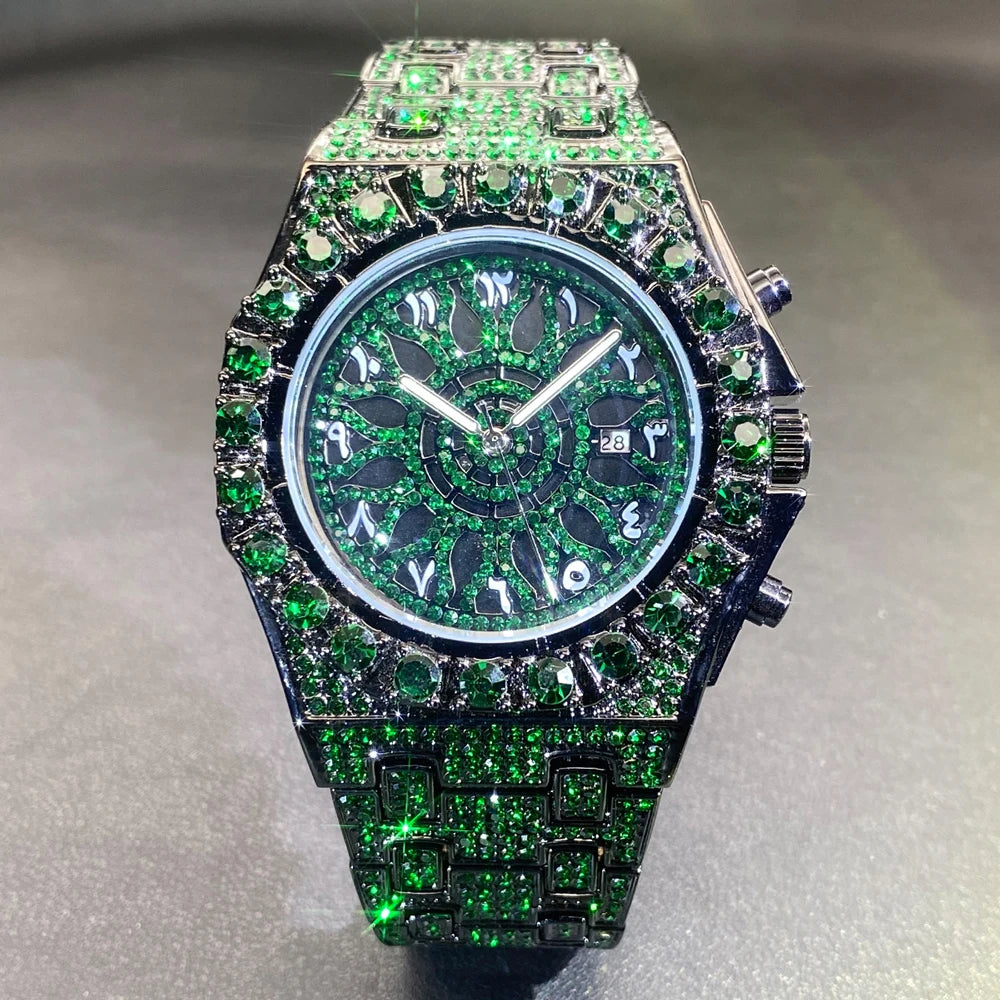 MISSFOX Hip Hop Wristwatch For Men Luxury lce Out Full Diamond Watches Fashion Green Watch Wterproof Week Display Clock