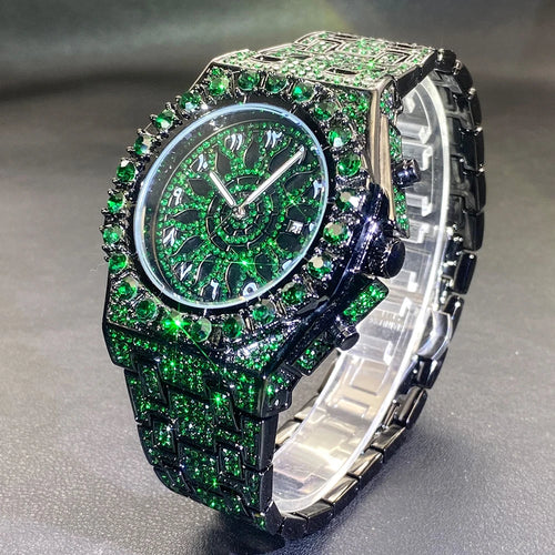 MISSFOX Hip Hop Wristwatch For Men Luxury lce Out Full Diamond Watches Fashion Green Watch Wterproof Week Display Clock