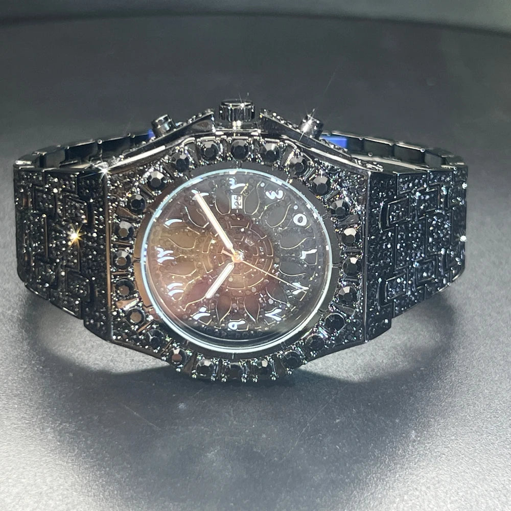 Hip Hop Green Diamond Watche For Men Fashion Automatic Date Quartz Clock Dress Square Iced Jewelry WristWatch Man For Gift