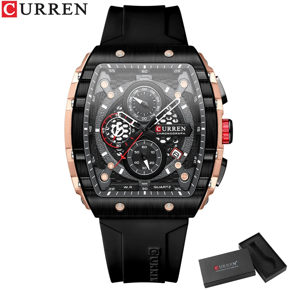 CURREN Sports Unique Rectangular Watches with Large Dial Casual Quartz Silicone Bands Wristwatches with Auto Date