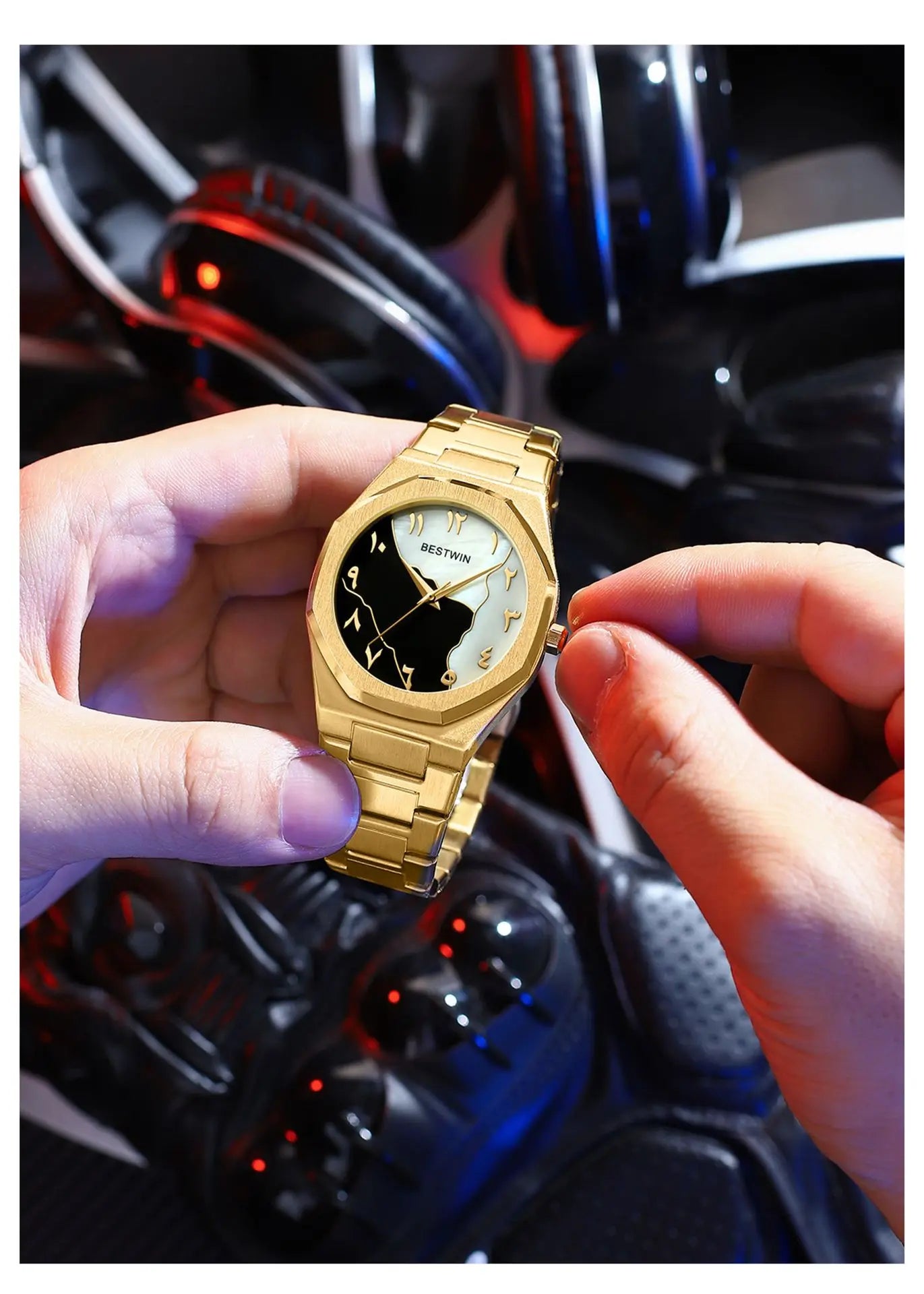 BESTWIN Men's Fashion Watch: Creative Dial, Gold-Plated Casing, Business-Oriented.