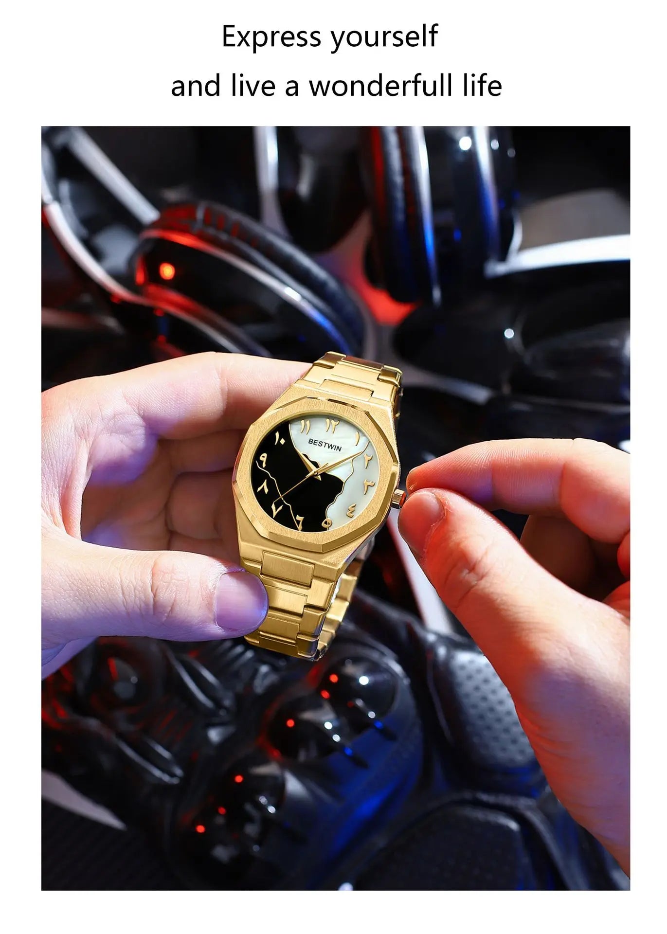 BESTWIN Men's Fashion Watch: Creative Dial, Gold-Plated Casing, Business-Oriented.