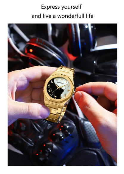 BESTWIN Men's Fashion Watch: Creative Dial, Gold-Plated Casing, Business-Oriented.