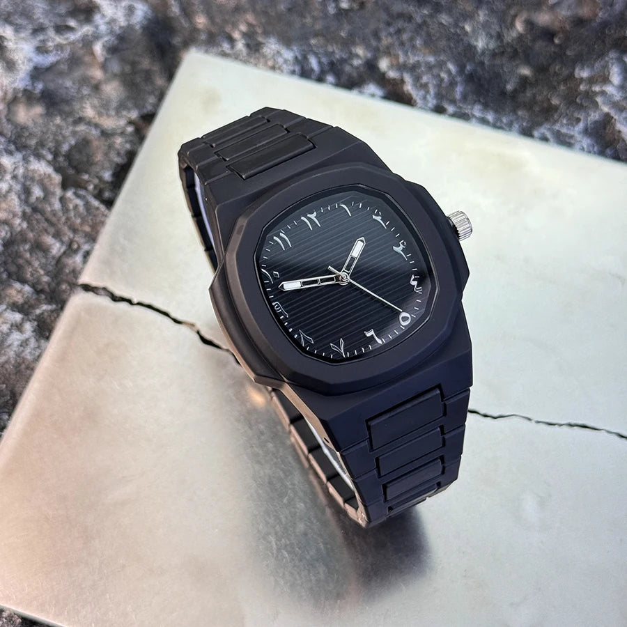 Men's Classic Quartz Watch Smooth Plastic Particle Bracelet Arabic Numerals Dial Business Casual Style Removal Tool Included