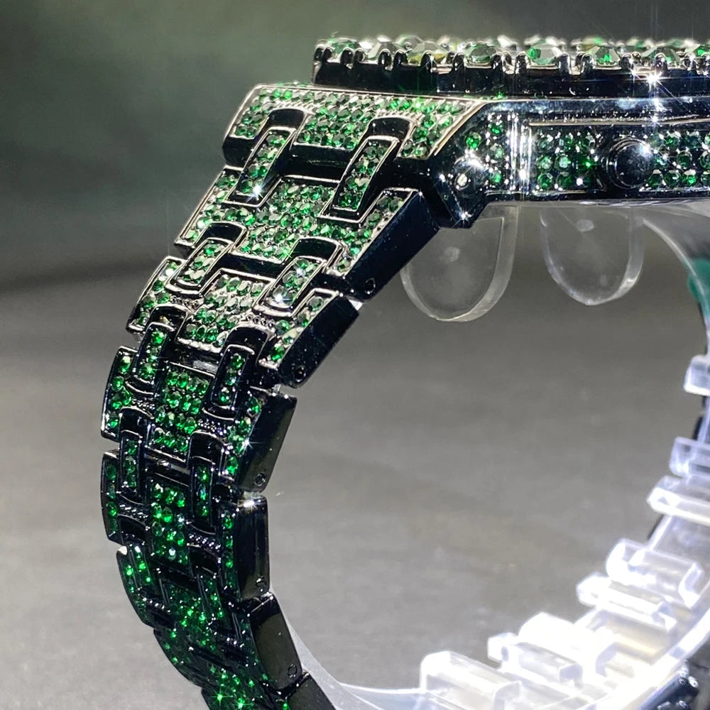 MISSFOX Hip Hop Wristwatch For Men Luxury lce Out Full Diamond Watches Fashion Green Watch Wterproof Week Display Clock