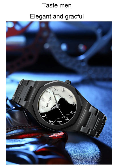 BESTWIN Men's Fashion Watch: Creative Dial, Gold-Plated Casing, Business-Oriented.