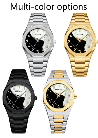 BESTWIN Men's Fashion Watch: Creative Dial, Gold-Plated Casing, Business-Oriented.