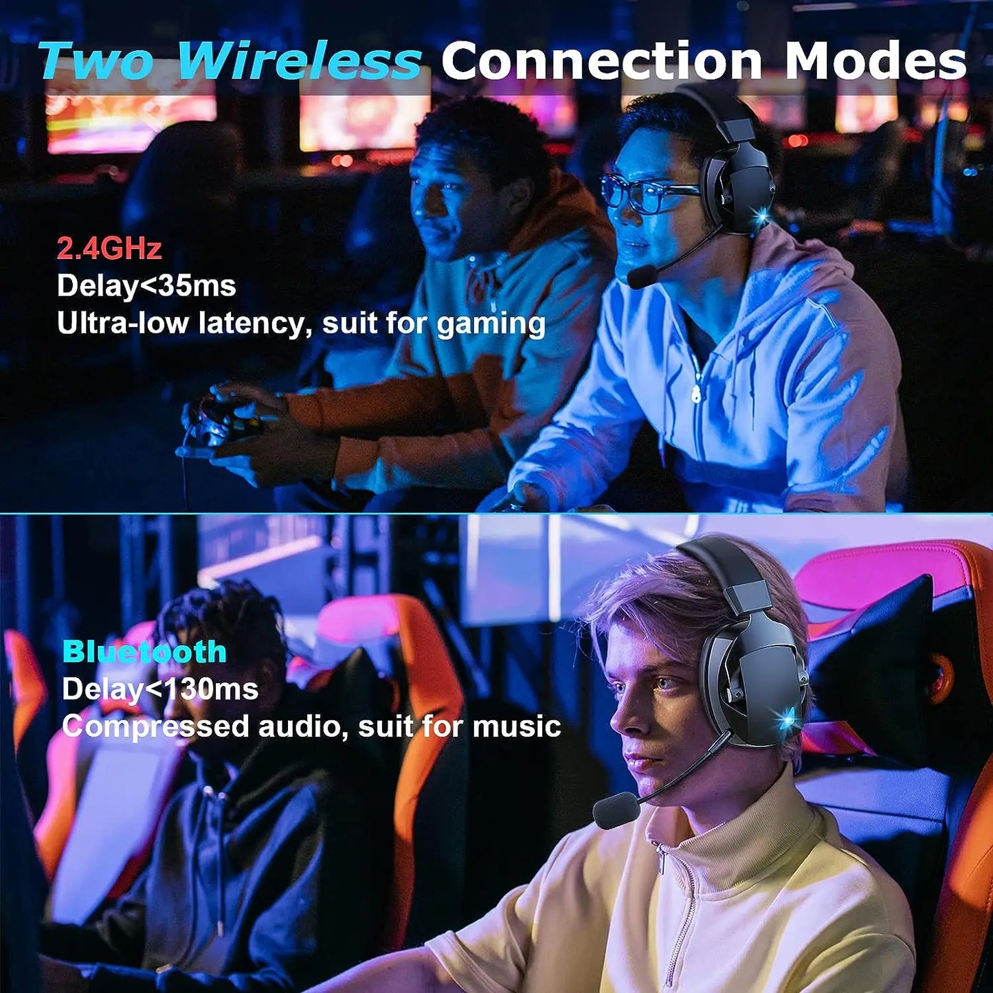 Gaming Headset with Detachable Noise-Canceling Microphone, Featuring 2.4G Bluetooth, USB, and 3.5mm Wired Connectivity Across Three Modes for Multi-Device Compatibility.