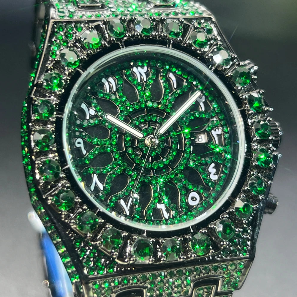 MISSFOX Hip Hop Wristwatch For Men Luxury lce Out Full Diamond Watches Fashion Green Watch Wterproof Week Display Clock